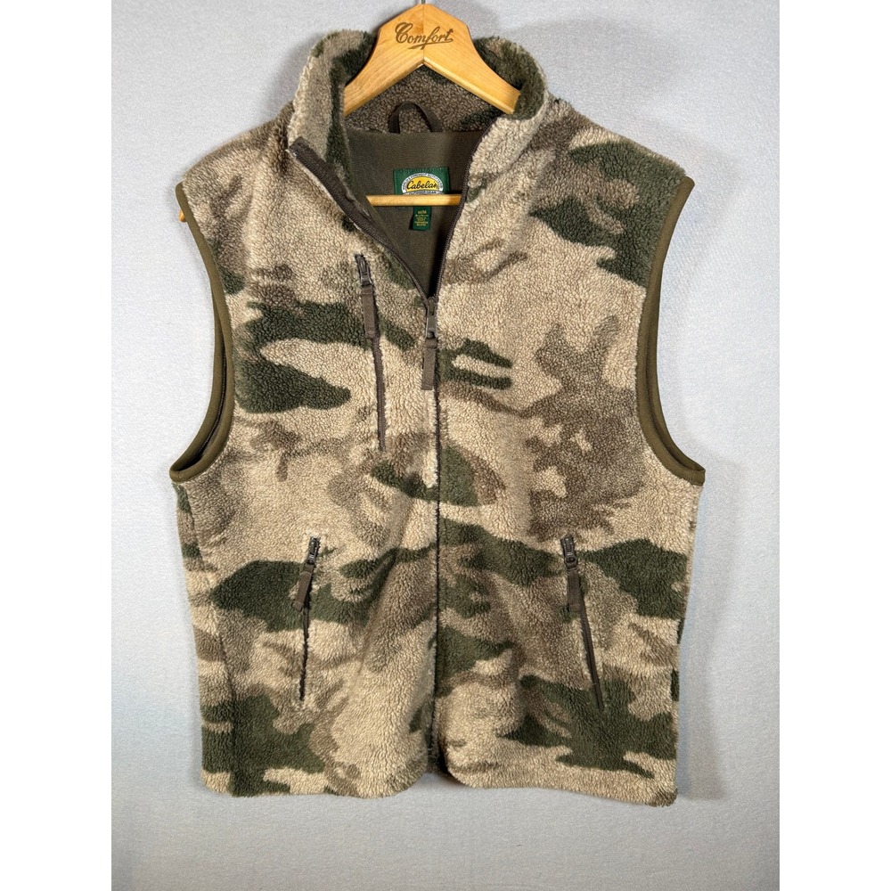 Cabelas Mens M Berber Fleece Camo Vest Full Zip Winter Hunting Outdoor Brown